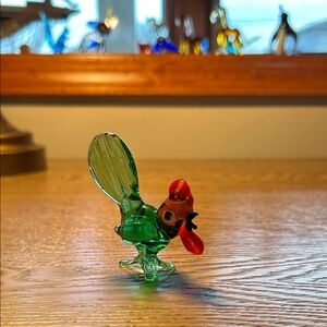 Vintage Glass Rooster Figurine Green Red Hand Blown Mid Century 1970s